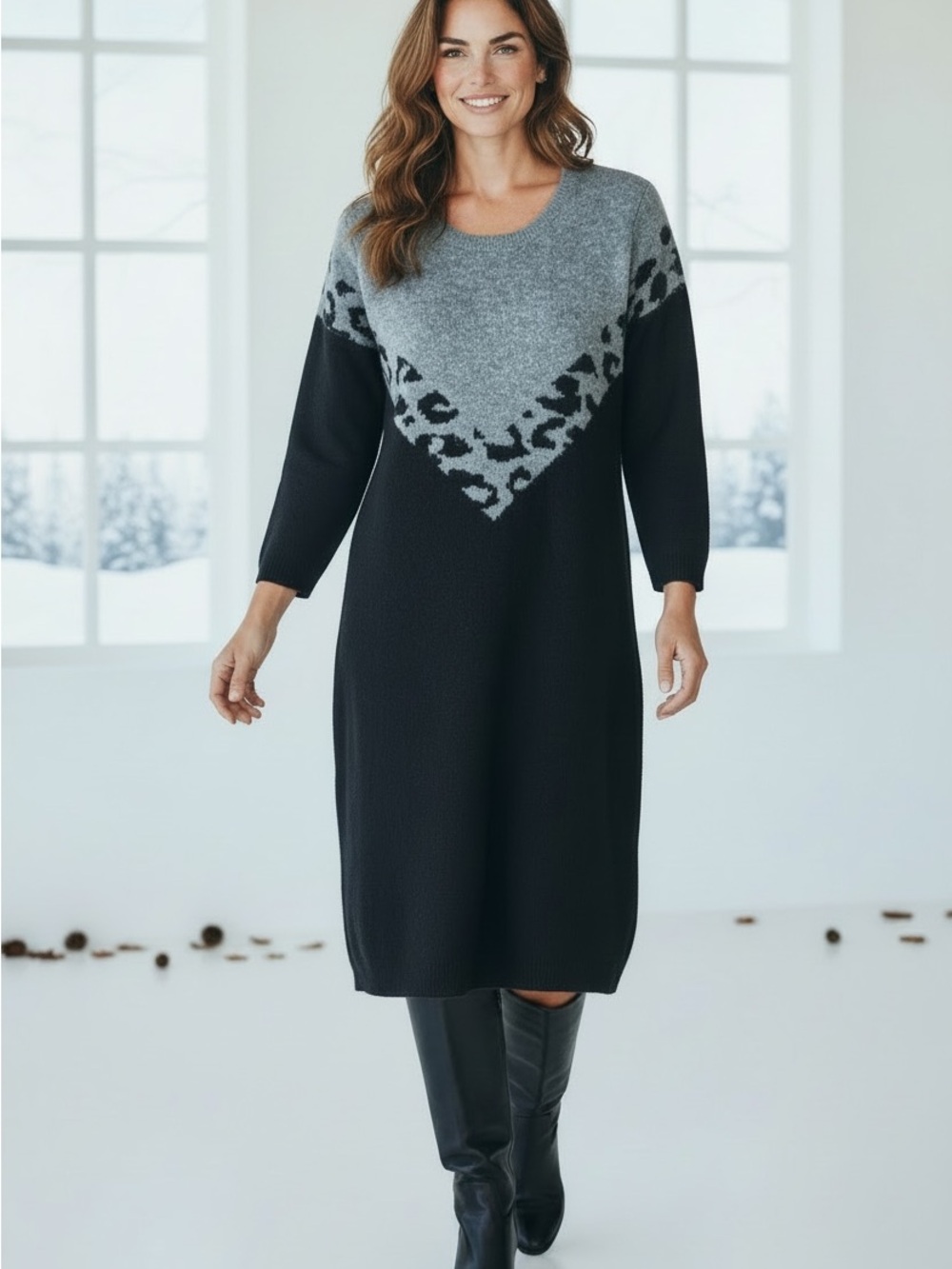 Charlie Paige Leopard Colorblock Sweater Dress – Gray & Black – Size Large – NWT